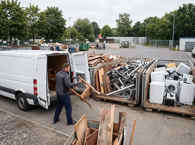 Mitarbeiter entlädt Holzteile am Wertstoffhof in einen Container für Altholz