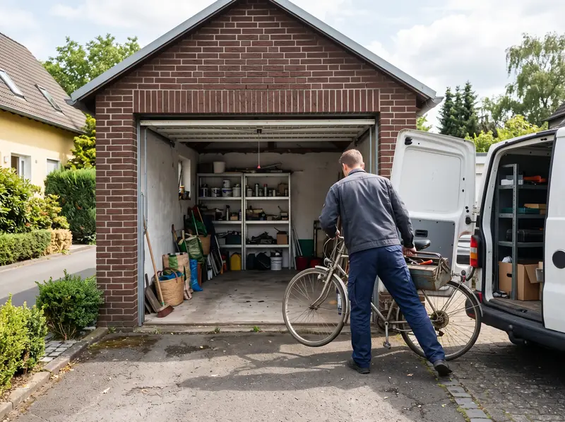 Mitarbeiter trägt ein altes Fahrrad aus einer Garage zum Transporter