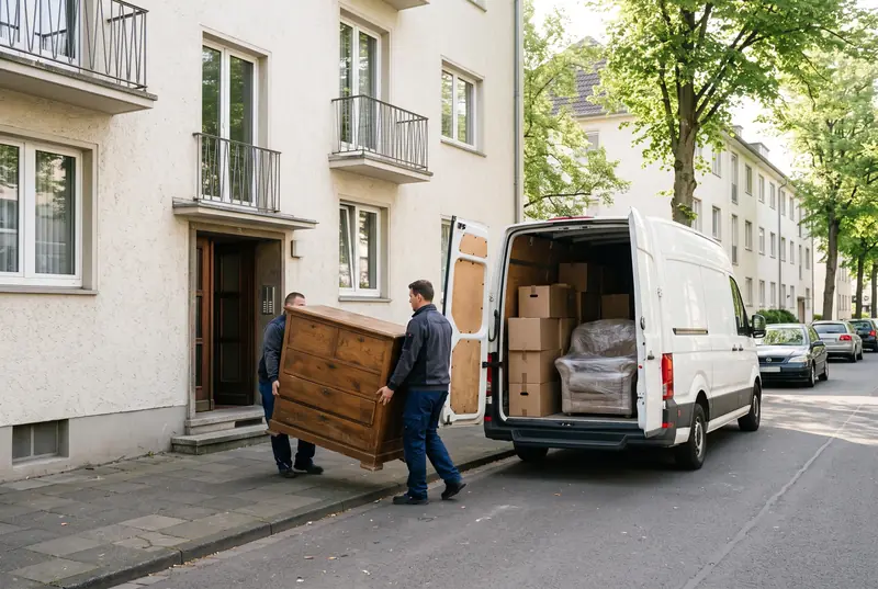 Zwei Mitarbeiter tragen eine Kommode aus dem Haus zum Transporter