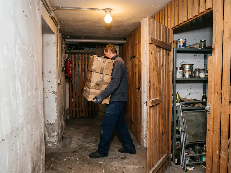 Mitarbeiter trägt einen Stapel Kartons aus einem Kellerabteil mit Holzlattentür