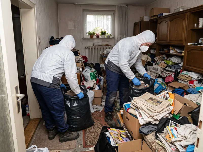 Zwei Mitarbeiter in Schutzanzügen und Masken füllen Säcke in einer zugestellten Wohnung