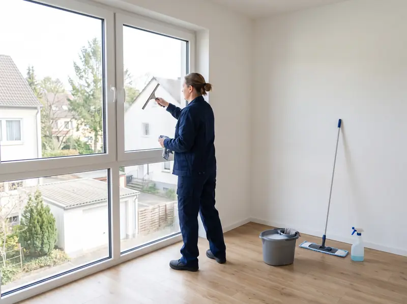 Reinigungskraft putzt nach einer Entrümpelung die Fenster