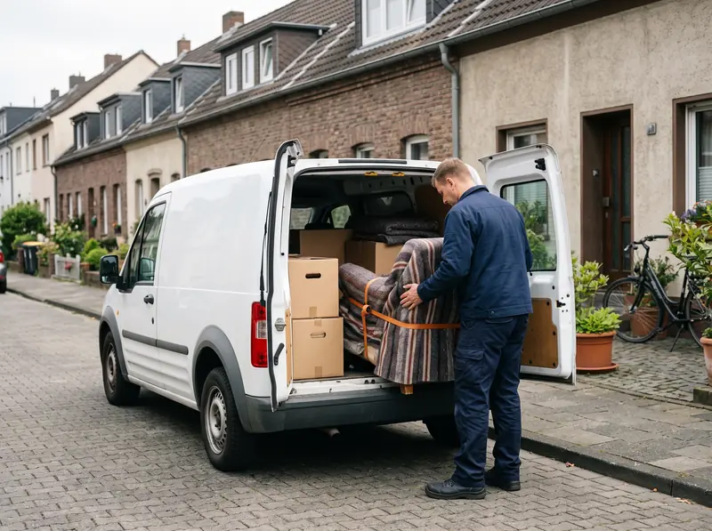 Mitarbeiter sichert einen in Decken gepackten Sessel im Transporter