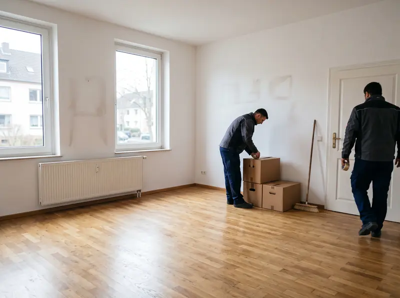 Geräumte Wohnung mit Parkettboden, an der Wand lehnt ein Besen